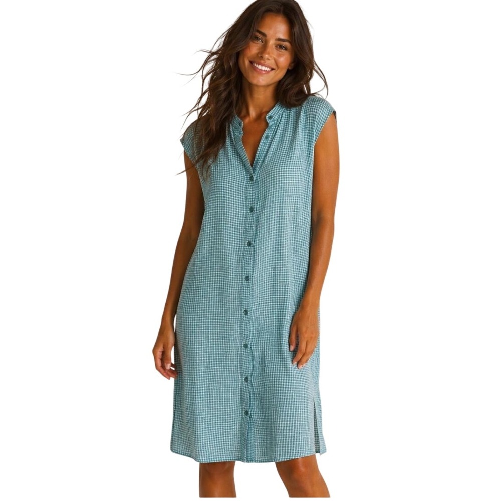 Eileen Fisher Puckered Organic Linen Gingham Sleeveless Shirtdress M